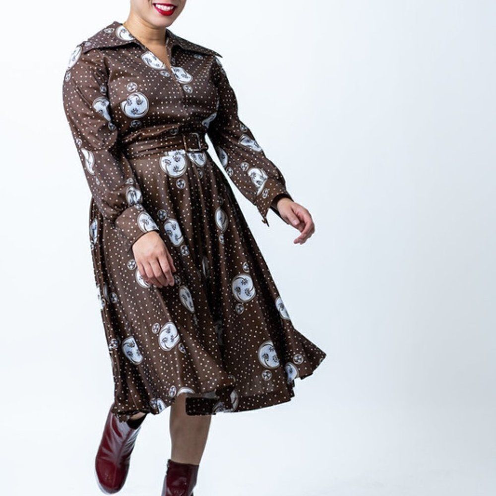 Paul of California Shirt Dress Vintage‎ 70's  Brown White Polka Dots